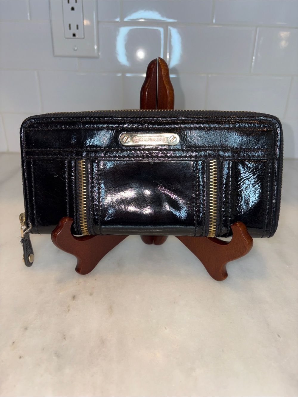 Michael Kors Shiny Black Patent Leather Wallet Clutch Zipper Accents